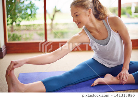 Foot, yoga or woman in home for stretching, wellness or body flexibility in zen studio for peace. Calm, smile or happy female person on mat for mindfulness, meditation or balance in pilates warm up Foot, yoga or woman in home for stretching, wellness or body flexibility in zen studio for peace. Calm, smile or happy female person on mat for mindfulness, meditation or balance in pilates warm up 141315980