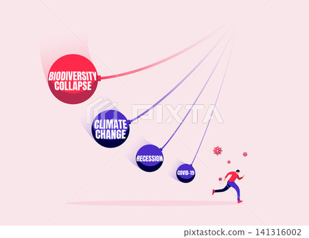 Man running away from covid, financial recession, climate change, biodiversity collapse Man running away from covid, financial recession, climate change, biodiversity collapse 141316002