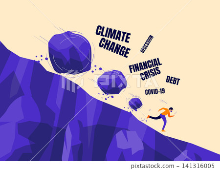 Stone rocks rolling falling down on a man with face mask corona financial recession, climate change 141316005