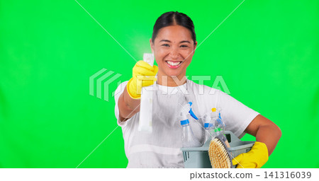 Portrait of woman, cleaning or spray on green screen for hygiene, household maintenance or product. Cleaner ready, service or face of Asian female person with detergent bottle on studio background Portrait of woman, cleaning or spray on green screen for hygiene, household maintenance or product. Cleaner ready, service or face of Asian female person with detergent bottle on studio background 141316039