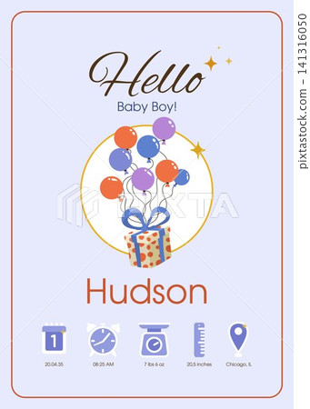 Baby boy birth announcement with balloons gift box name date time weight height and location 141316050