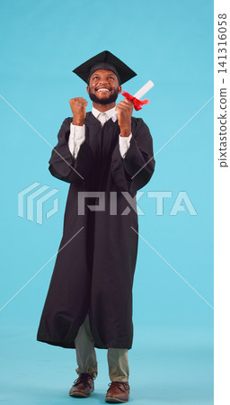 Black man, graduation and education achievement with celebration, excited and happy with diploma on blue background. Goal, future and certified with academic win, ceremony and cap with gown in studio Black man, graduation and education achievement with celebration, excited and happy with diploma on blue background. Goal, future and certified with academic win, ceremony and cap with gown in studio 141316058