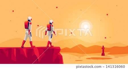 Astronauts walking on mars surface with space starship rocket Astronauts walking on mars surface with space starship rocket 141316060