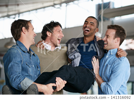 Business people, group and excited for celebration, success or designer laugh together in creative startup. Team, happy friends and men with promotion, achievement or carry funny worker for winning Business people, group and excited for celebration, success or designer laugh together in creative startup. Team, happy friends and men with promotion, achievement or carry funny worker for winning 141316092