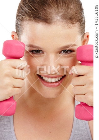 Portrait, smile and dumbbells with woman, workout and exercise isolated on a white studio background. Face, happy person and athlete with equipment or training with wellness and energy with fitness 141316108