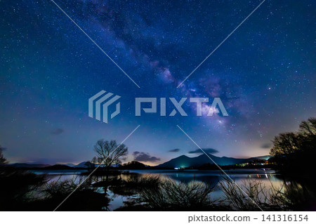 Mount Bandai and the rising Milky Way from Lake Hibara in early summer. 141316154