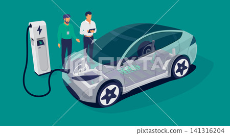 Automobile Engineers Working on Charging Electric Car Battery Cell Pack Platform Automobile Engineers Working on Charging Electric Car Battery Cell Pack Platform 141316204