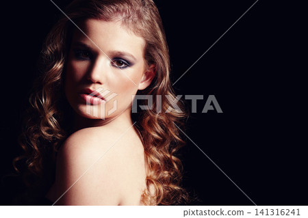 Portrait, female person and makeup on face in studio with bright eyeshadow, sensual lips and wavy hair for beauty. Confident, woman and cosmetics, skincare and self love for glowing healthy skin Portrait, female person and makeup on face in studio with bright eyeshadow, sensual lips and wavy hair for beauty. Confident, woman and cosmetics, skincare and self love for glowing healthy skin 141316241