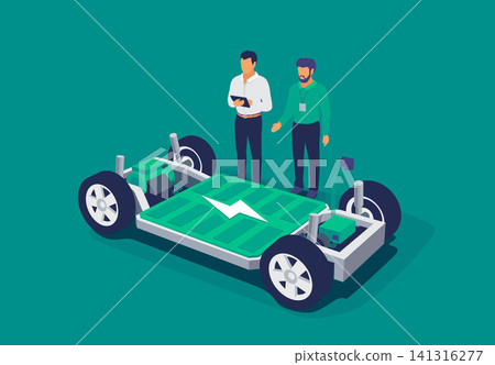 Automobile Engineers Working on Electric Car Battery Module Platform Chassis Automobile Engineers Working on Electric Car Battery Module Platform Chassis 141316277