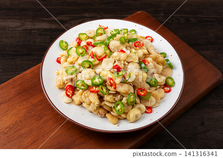 homestyle Stir Fried Sprouted Broad Beans with Fresh Green and Red Chili Slices homestyle Stir Fried Sprouted Broad Beans with Fresh Green and Red Chili Slices 141316341