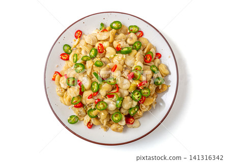 homestyle Stir Fried Sprouted Broad Beans with Fresh Green and Red Chili Slices 141316342