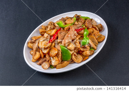 stir Fried Sliced Pork with Straw Mushrooms and Green Bell Peppers stir Fried Sliced Pork with Straw Mushrooms and Green Bell Peppers 141316414