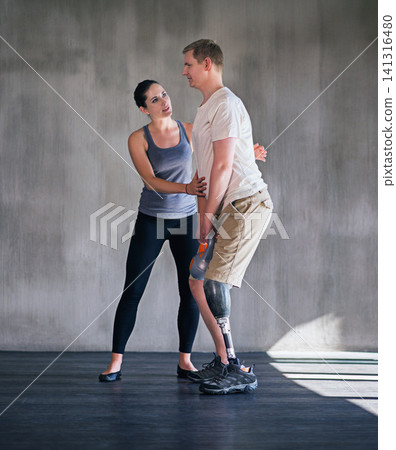 Man, woman and physiotherapy for prosthetic, amputee and leg at rehabilitation, training and exercise. Physiotherapist, patient and fitness for workout, dumbbell and gym for man with a disability Man, woman and physiotherapy for prosthetic, amputee and leg at rehabilitation, training and exercise. Physiotherapist, patient and fitness for workout, dumbbell and gym for man with a disability 141316480