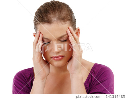 Stress, headache and woman in studio with anxiety, nervous or overwhelmed by vertigo on white background. Brain fog, crisis or model frustrated by temple pain, regret or mistake, trauma or disaster Stress, headache and woman in studio with anxiety, nervous or overwhelmed by vertigo on white background. Brain fog, crisis or model frustrated by temple pain, regret or mistake, trauma or disaster 141316485