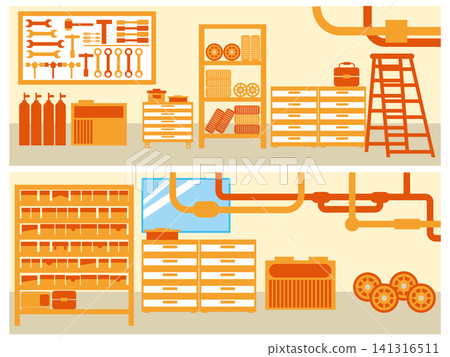 Garage interior illustration background material: tools and shelves, DIY workshop Garage interior illustration background material: tools and shelves, DIY workshop 141316511