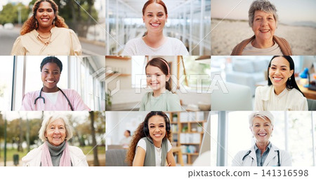Collage, diversity and generation with portrait of female people at school or work for job or education. Happy, smile and face of different children and women in montage or mosaic for development 141316598