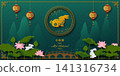 Mid Autumn or Moon Festival banner design with blooming lotus,lanterns and cute rabbits on green holiday background,Chinese characters mean Mid Autumn Festival 141316734