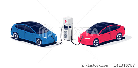 Modern Electric Cars Charging Parking at the Charger Station Modern Electric Cars Charging Parking at the Charger Station 141316798