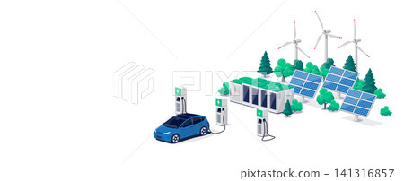 Electric car charging on renewable solar wind charger station with many charging stalls Electric car charging on renewable solar wind charger station with many charging stalls 141316857
