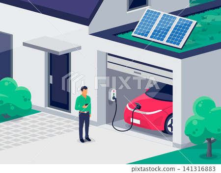 Electric car parking charging at modern home inside garage on wall box charger station Electric car parking charging at modern home inside garage on wall box charger station 141316883