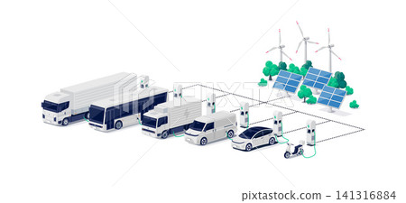 Company electric cars fleet charging with renewable electricity charger station Company electric cars fleet charging with renewable electricity charger station 141316884