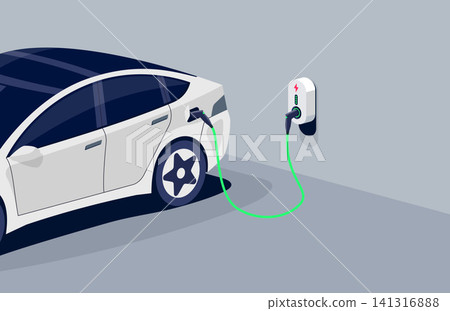 Electric car charging in home garage plugged to home charger station. 141316888