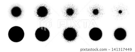 一系列顆粒狀漸層圖案插圖:圓形、粗糙的噪音紋理材質、粒子筆刷紋理。 一系列顆粒狀漸層圖案插圖:圓形、粗糙的噪音紋理材質、粒子筆刷紋理。 141317449