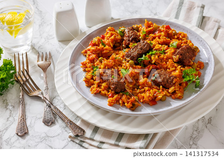 Hearty American Greek Giouvetsi Beef Rice plate 141317534