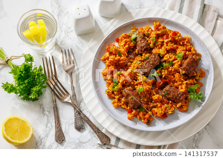 Savory American Balkan Cevapcici and Rice Platter Savory American Balkan Cevapcici and Rice Platter 141317537