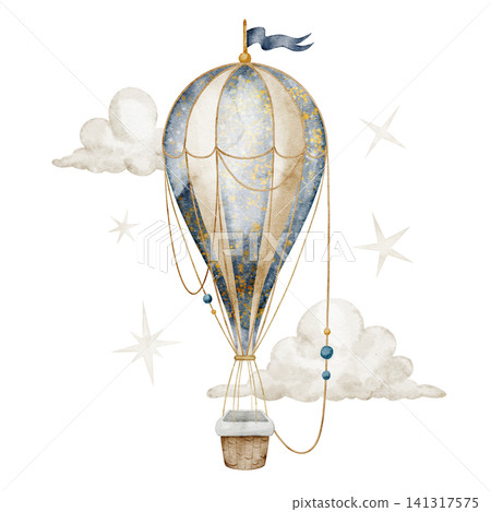 Balloon watercolor illustration. Vintage hot air balloon with clouds and stars on isolated background. Fantasy transport for nursery poster, childish storybook and baby pastel travel projects. 141317575