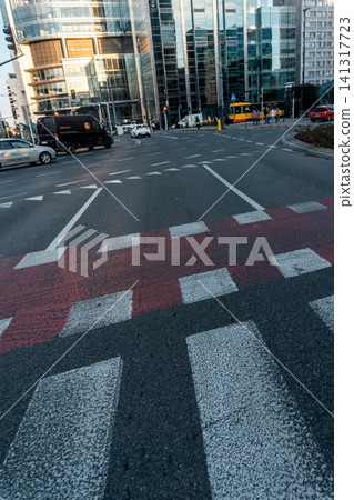 pedestrian crosswalk on road at downtown district of big city, street view pedestrian crosswalk on road at downtown district of big city, street view 141317723