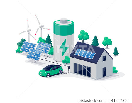Home virtual battery energy storage with solar panels and electric car charging Home virtual battery energy storage with solar panels and electric car charging 141317801