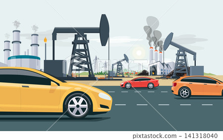 Oilfield with oil pumps with fossil coal gas power stations and cars traffic Oilfield with oil pumps with fossil coal gas power stations and cars traffic 141318040