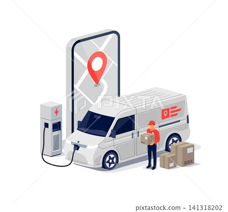 Electric delivery van parcel service with man and smartphone tracking app Electric delivery van parcel service with man and smartphone tracking app 141318202