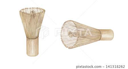 Bamboo matcha whisk chasen for traditional Japanese tea ceremony preparation. Handcrafted wooden tool for mixing matcha powder. Culinary equipment watercolor illustration for healthy organic beverage Bamboo matcha whisk chasen for traditional Japanese tea ceremony preparation. Handcrafted wooden tool for mixing matcha powder. Culinary equipment watercolor illustration for healthy organic beverage 141318262