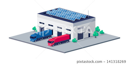 Warehouse logistic hall centre with semi truck unloading proce Warehouse logistic hall centre with semi truck unloading proce 141318269
