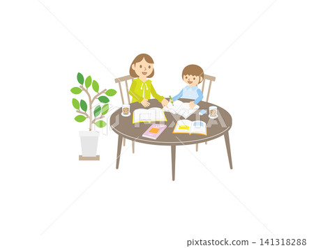一位母親和兒子在桌旁互相幫忙做作業——家庭學習——親子共學 一位母親和兒子在桌旁互相幫忙做作業——家庭學習——親子共學 141318288