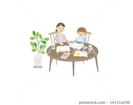 Grandmother helping her grandson with his homework at the table; home learning; grandson studying Grandmother helping her grandson with his homework at the table; home learning; grandson studying 141318290