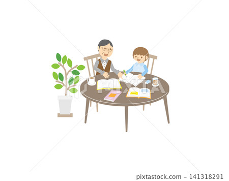 爺爺在桌旁輔導孫子做功課；家庭學習；孫子在學習。 141318291