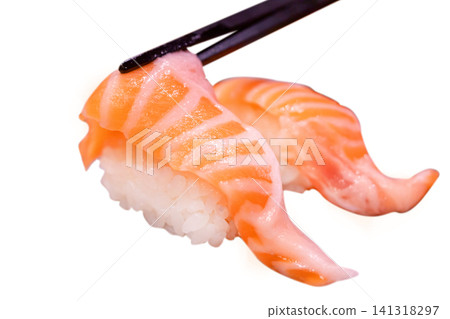 Top view of delicious Salmon Harasu Sushi, focus selective Top view of delicious Salmon Harasu Sushi, focus selective 141318297