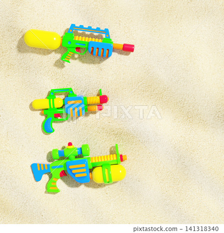 Colorful Water Blaster Toy Set on Sea Sand Background. Premium 3D Render Summer Asset Pack. Part of Toy Catalog Series Colorful Water Blaster Toy Set on Sea Sand Background. Premium 3D Render Summer Asset Pack. Part of Toy Catalog Series 141318340