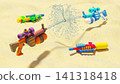 Colorful Water Gun Battle on Sand Beach Summer Kids Outdoor Toy Concept, 3D Render 141318418