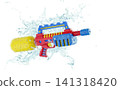 Bright colorful water gun with realistic splashing water and fresh droplets, isolated on pure white background. Summer vacation, pool party and outdoor activity concept 141318420