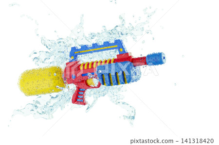 Bright colorful water gun with realistic splashing water and fresh droplets, isolated on pure white background. Summer vacation, pool party and outdoor activity concept 141318420