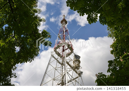 Weather station on blue sky and trees background. Weather station on blue sky and trees background. 141318455