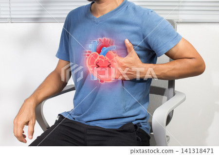 Heart Palpitations Concept with Cartoon Heart on Man Holding Chest Heart Palpitations Concept with Cartoon Heart on Man Holding Chest 141318471