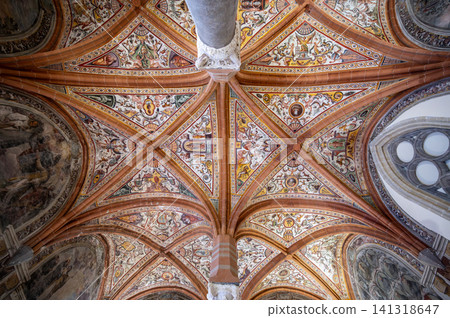 Naples, italy. December 29, 2024. Historic church ceiling featuring intricate frescoes and architectural details in the monumental complex of san lorenzo maggiore, naples Naples, italy. December 29, 2024. Historic church ceiling featuring intricate frescoes and architectural details in the monumental complex of san lorenzo maggiore, naples 141318647