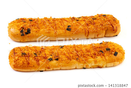 savory meat floss bread stick topped with shredded seaweed and mayonnaise savory meat floss bread stick topped with shredded seaweed and mayonnaise 141318847
