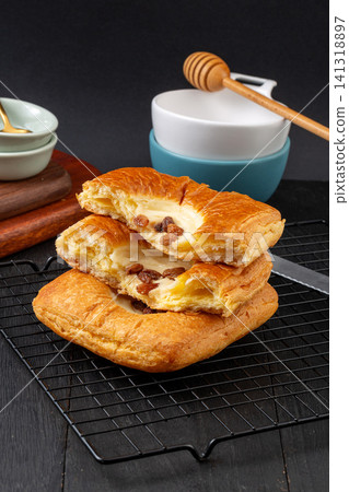 sweet raisin cream danish pastry flaky puff bread with custard filling 141318897