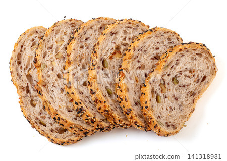 slices of artisanal European sourdough bread with flaxseed and walnut 141318981